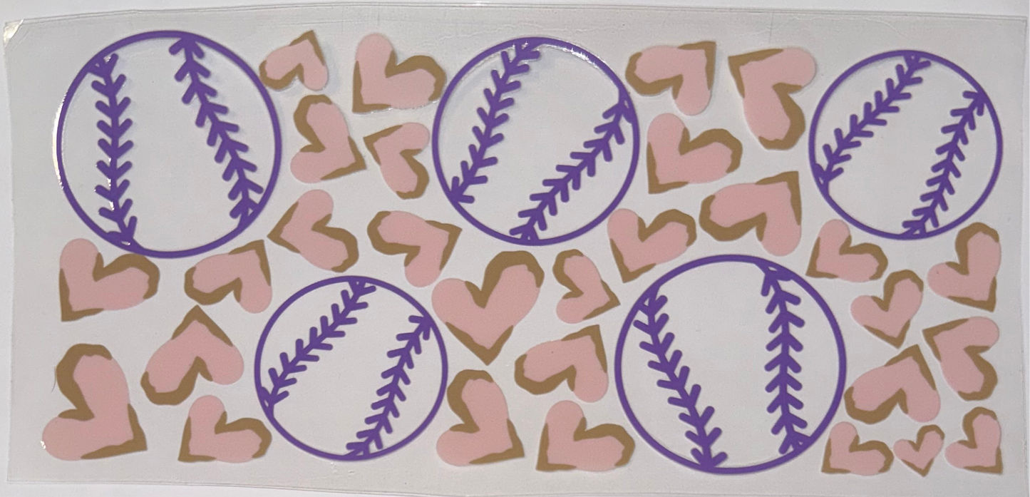 Baseballs surrounded by hearts
