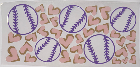 Baseballs surrounded by hearts